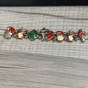 Vintage Christmas Charm Bracelet Silver Tone Enamel Santa Tree Reindeer 7 Inch